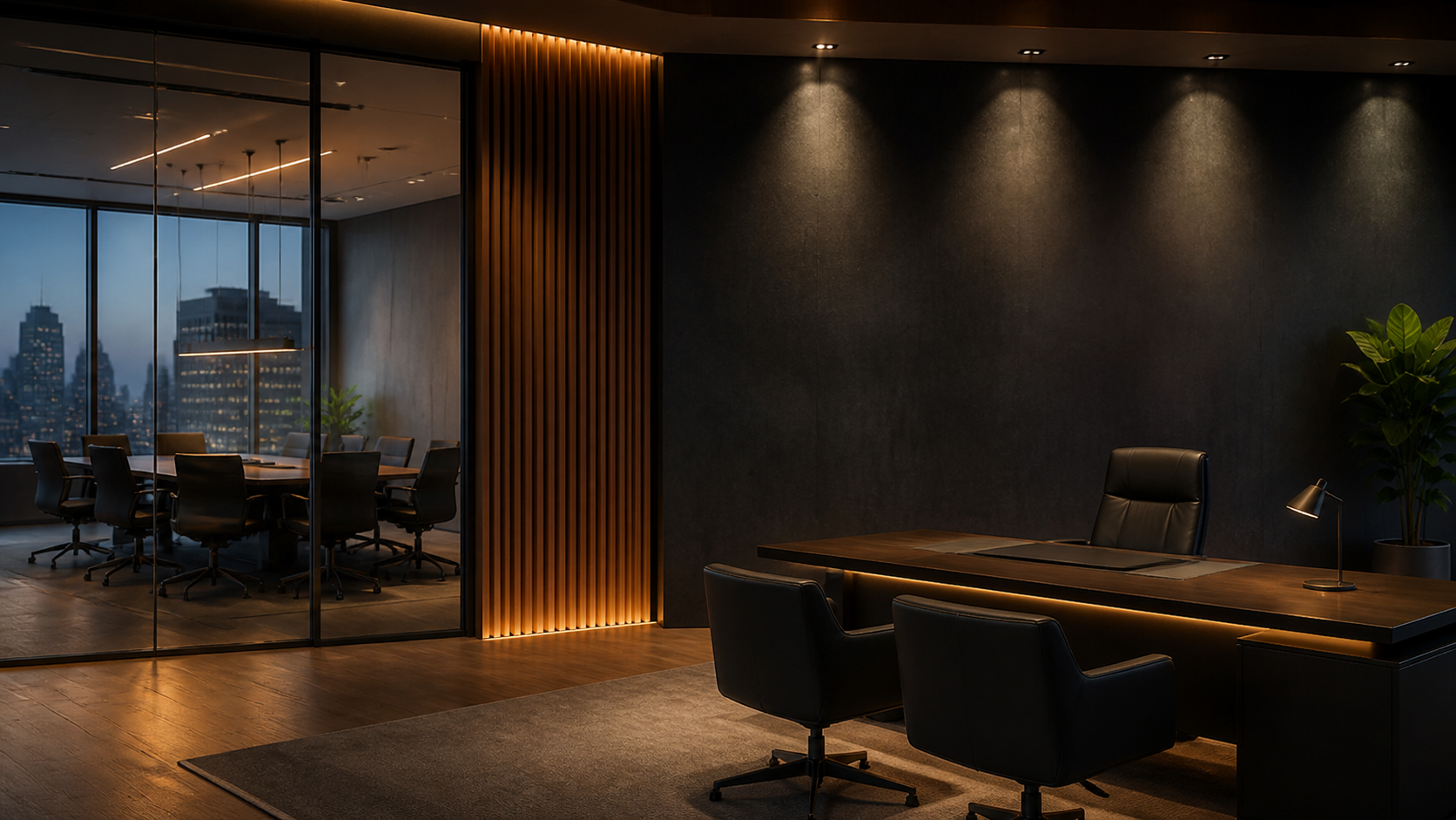 Ambiente corporativo contemporâneo com sala de reuniões